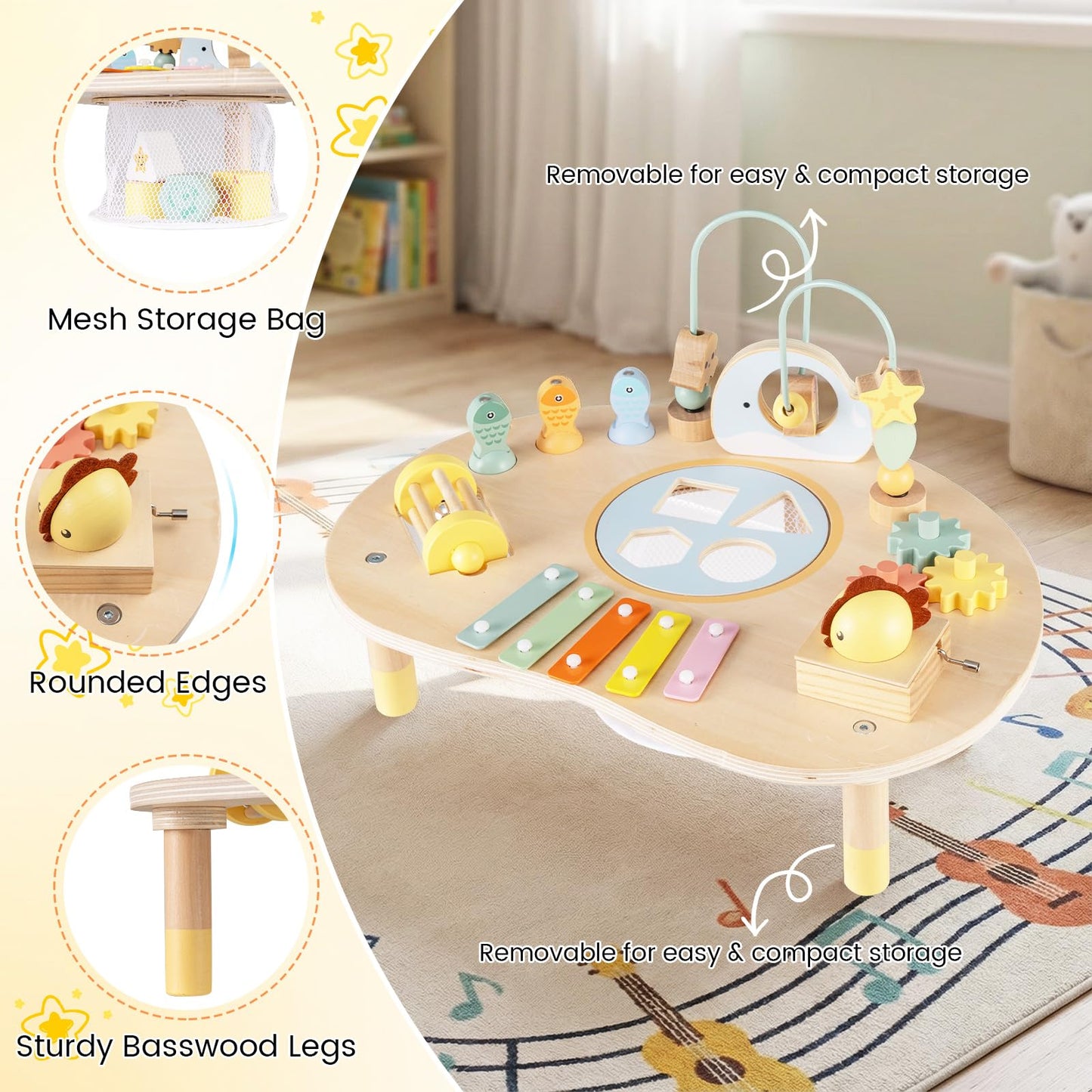 Activity Table for 1+ Year Old, 7-in-1 Wooden Montessori Toy Busy Board