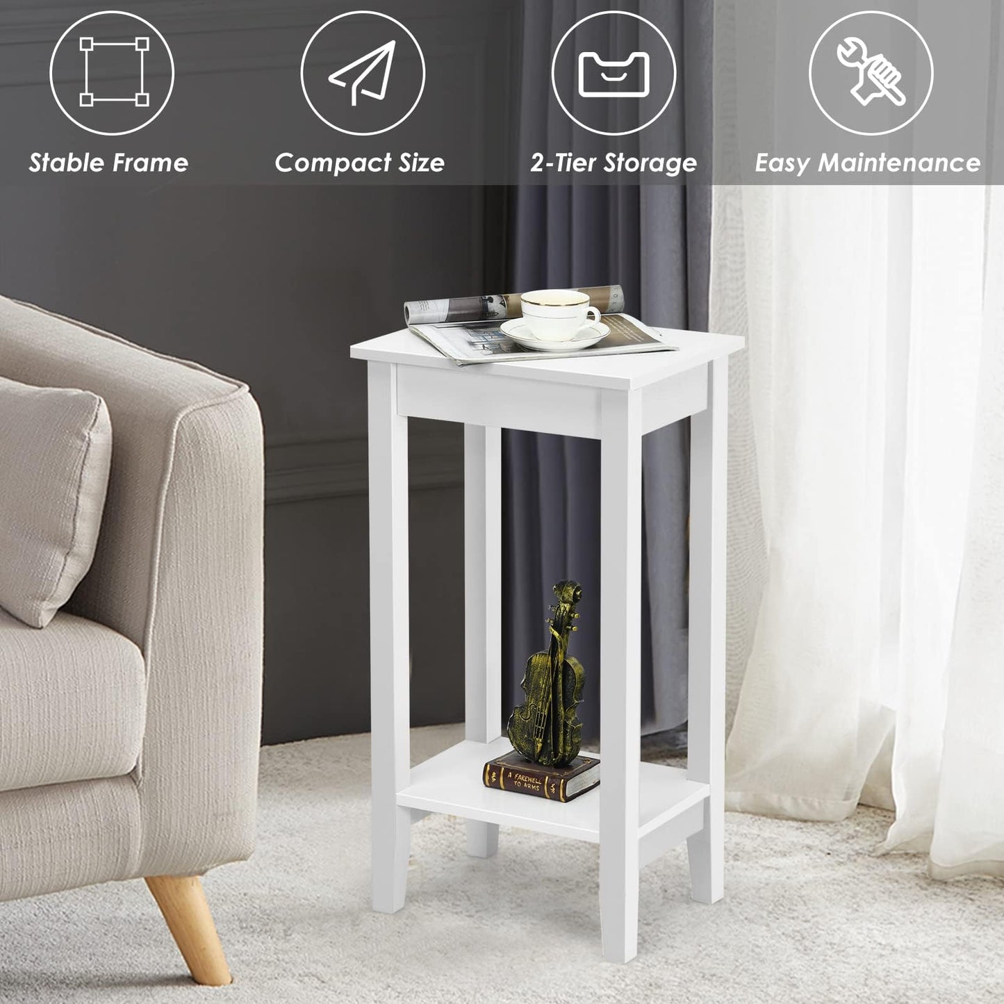 40x30x74cm Wooden Narrow Nightstand Sofa Side Table with Storage Shelves
