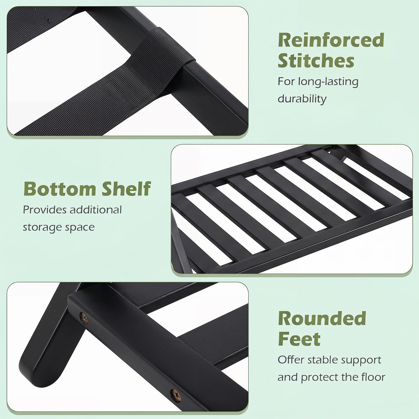Bamboo Luggage Rack, Folding Suitcase Stand with Straps and Storage Shelf