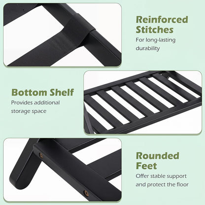 Bamboo Luggage Rack, Folding Suitcase Stand with Straps and Storage Shelf