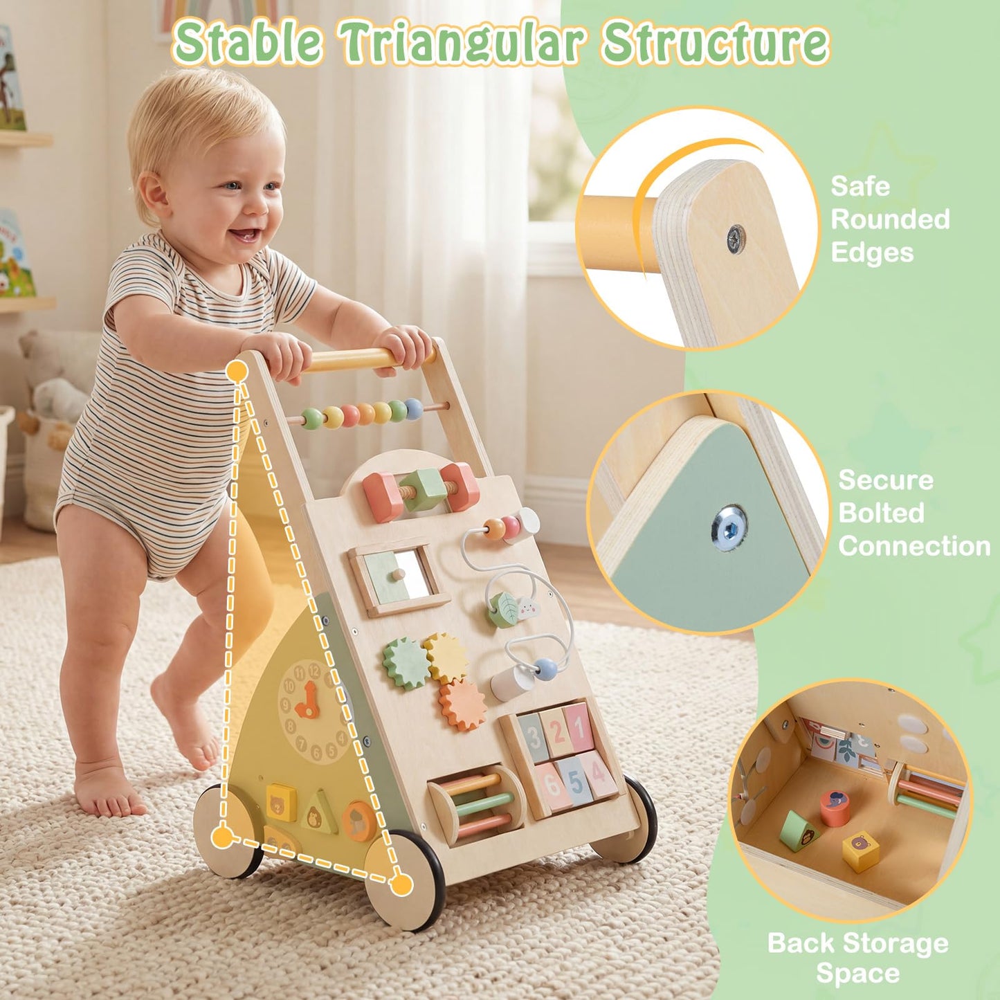 Wooden Baby Walker, 10 in 1 Toddler Push Along Toy with Activity Center