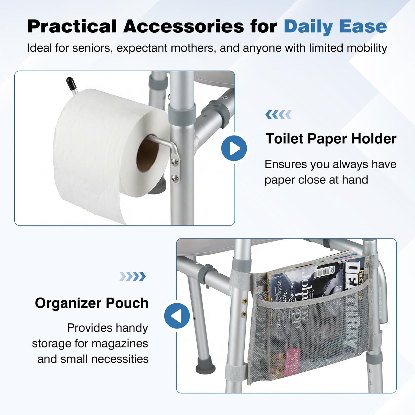 Adjustable Height and Width Raised Toilet Seat for Seniors with Padded Arms and Storage Bag