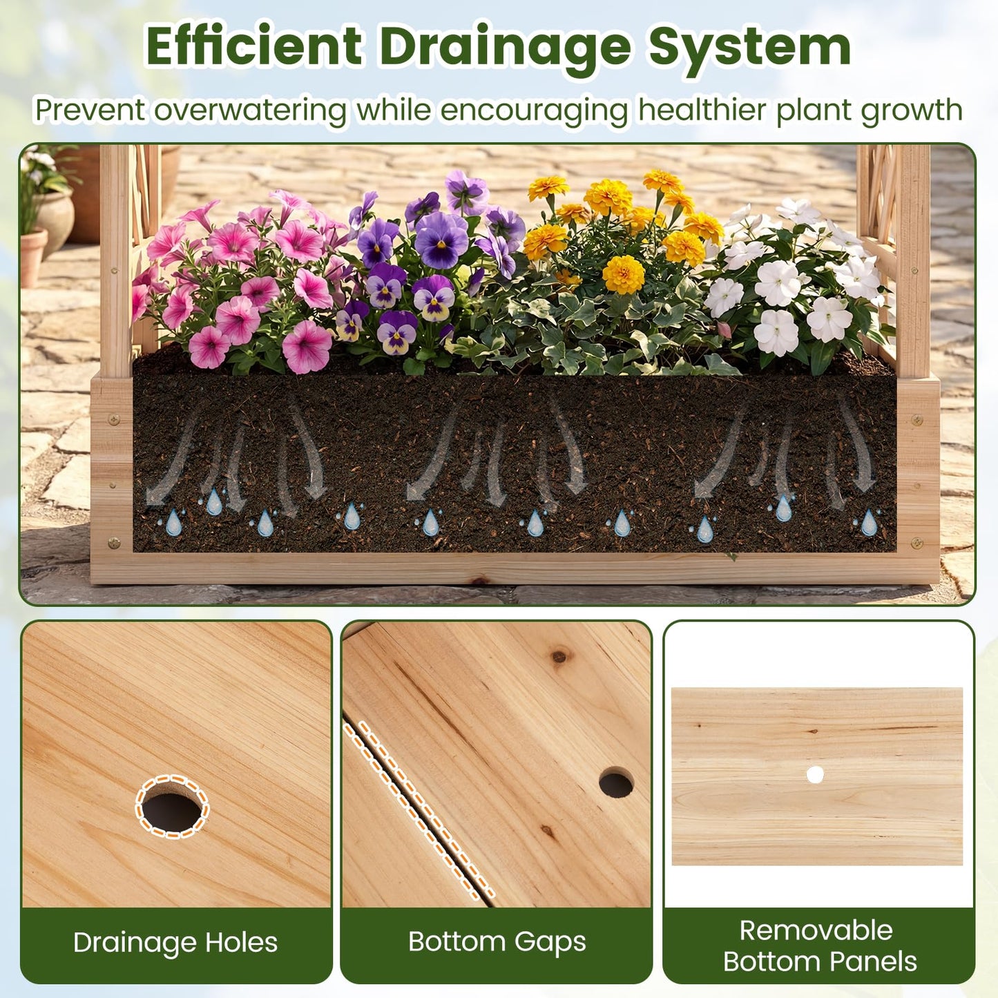 Garden Planter with Trellis, Hanging Roof and Drainage Holes