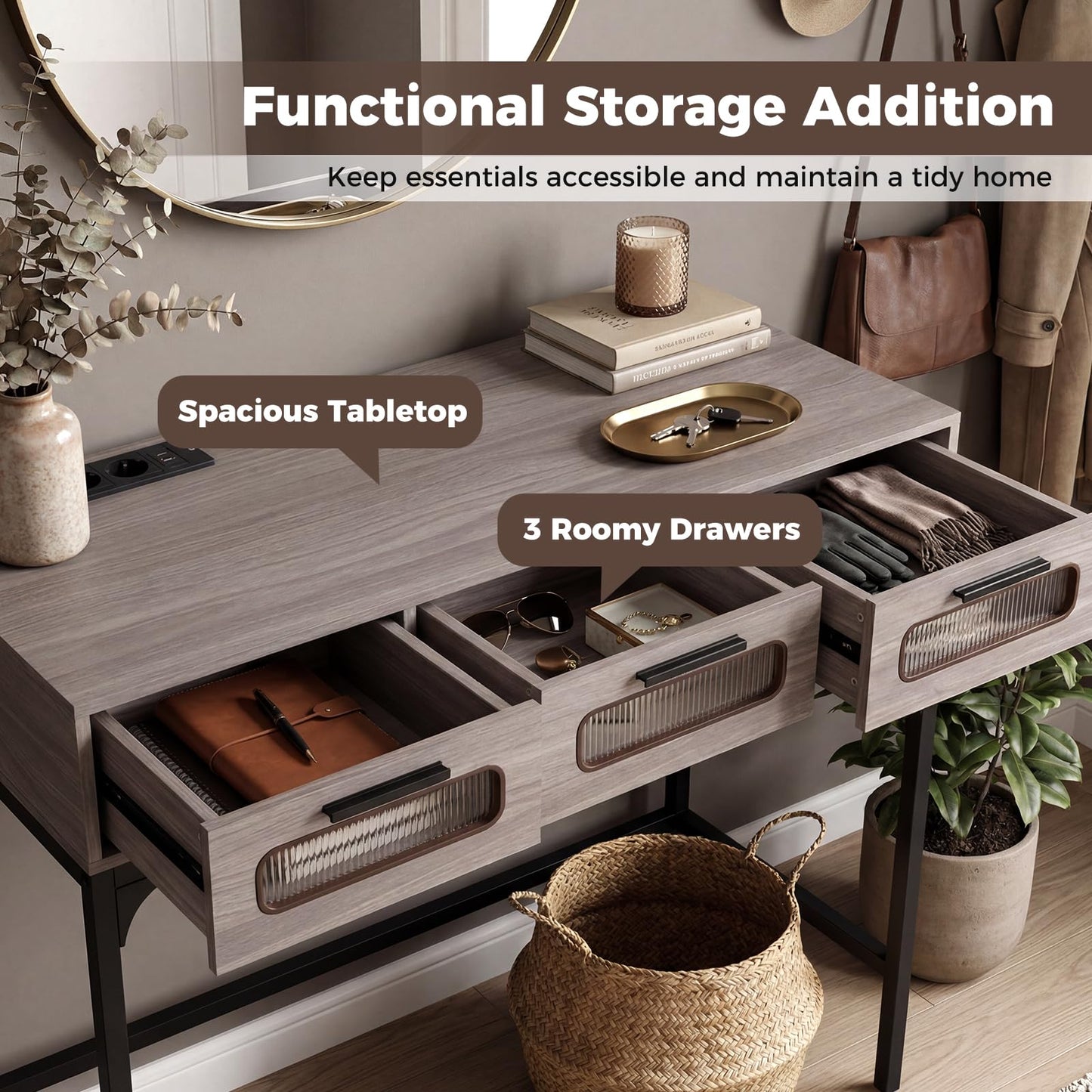 Console Table with LED Lights and Charging Station, 90cm Narrow Entryway Table with 3 Drawers