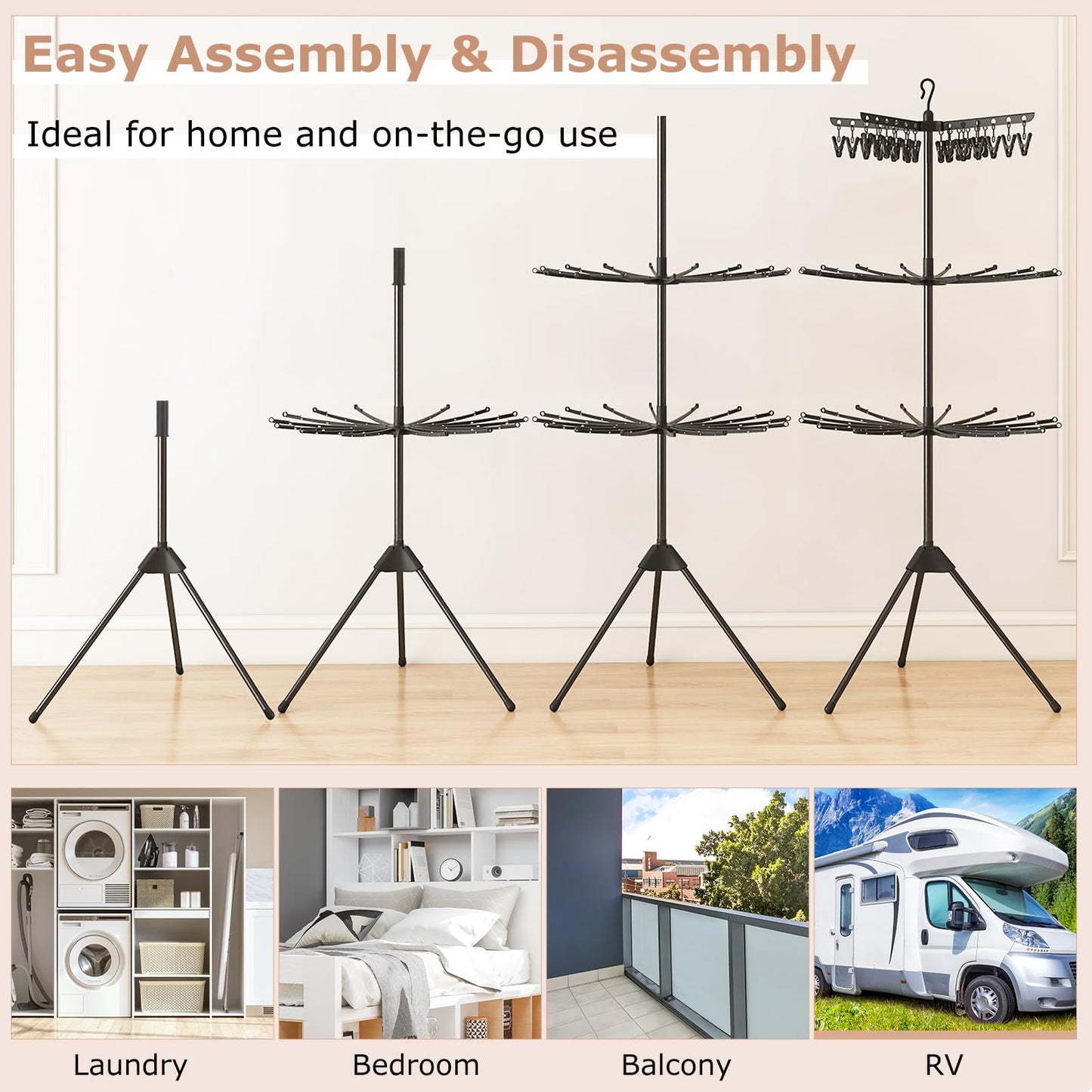 3-Tier Foldable Clothes Drying Rack with 24 Clips and 32 Hanging Rods