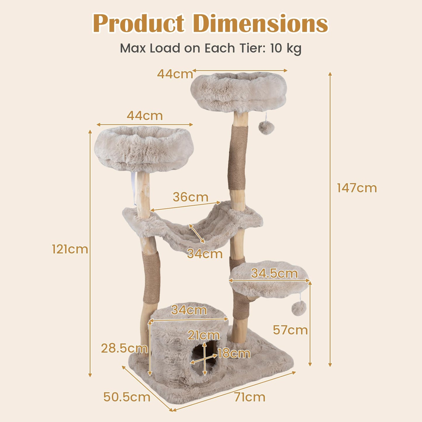 147cm Cat Tree Tower with Cat Cave with Sisal Scratching Poles and 2 Plush Play Balls for Indoor Cats