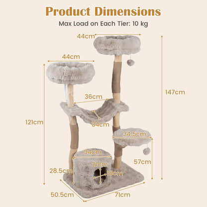 147cm Cat Tree Tower with Cat Cave with Sisal Scratching Poles and 2 Plush Play Balls for Indoor Cats