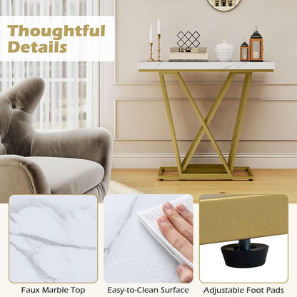 Gold Console Table Modern Sofa Table with Faux Marble Rectangular Tabletop