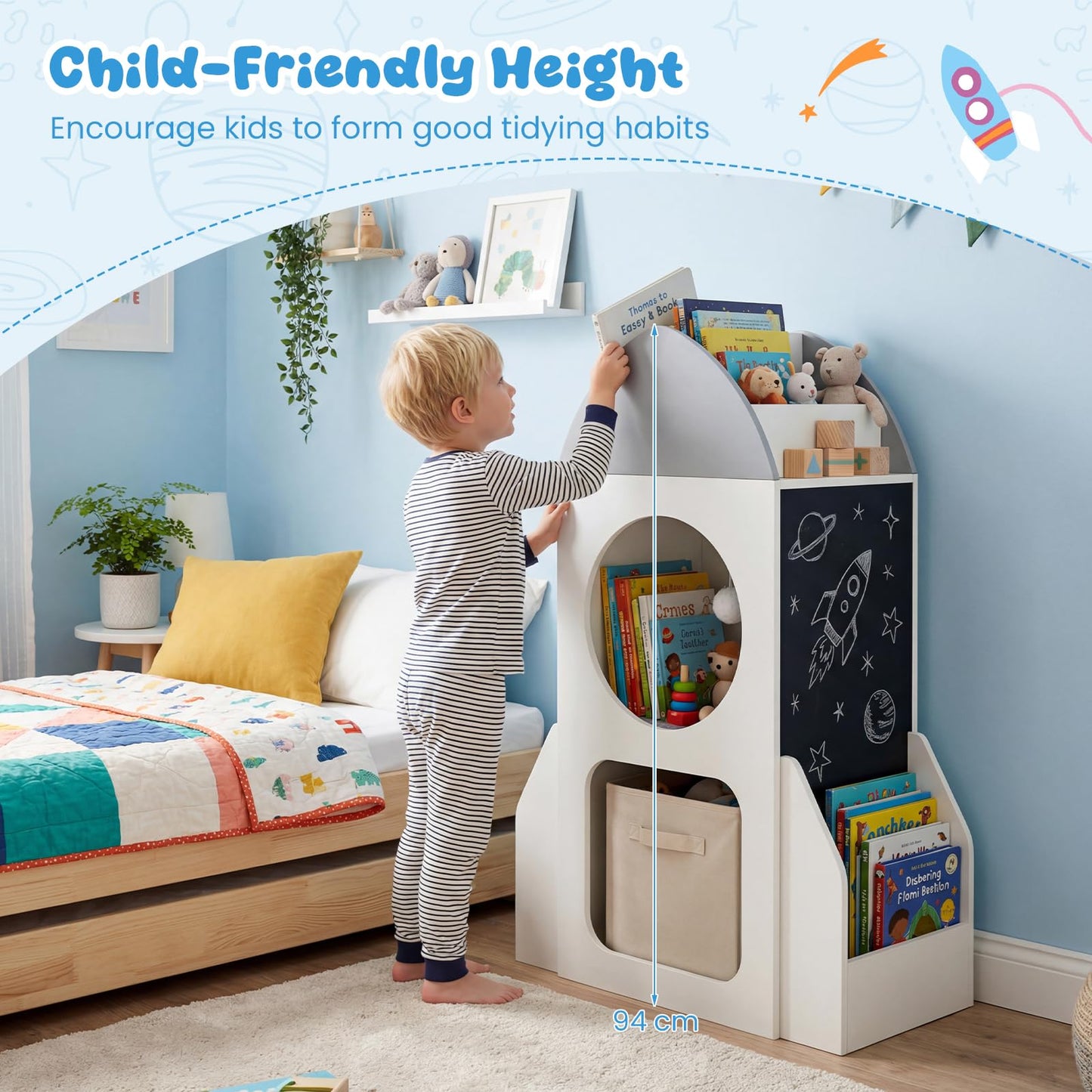 3-Tier Kids Bookshelf Rocket Space Theme Toddler Toy Storage Organizer with Chalkboard