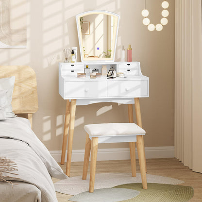 Dressing Table and Chair Set with 3 Lighting Modes and Natural Pine Wood Legs