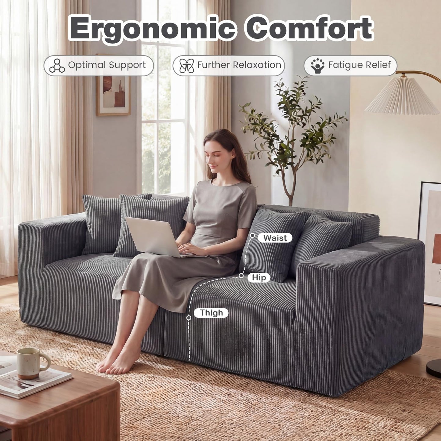 204cm Corduroy Boneless Sofa Couch with 4 Pillows