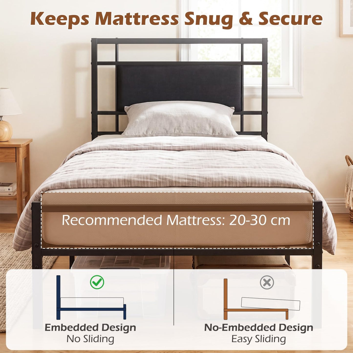 3ft Single Bed Frame, Metal Platform Bed Base with Upholstered Headboard and Underbed Storage