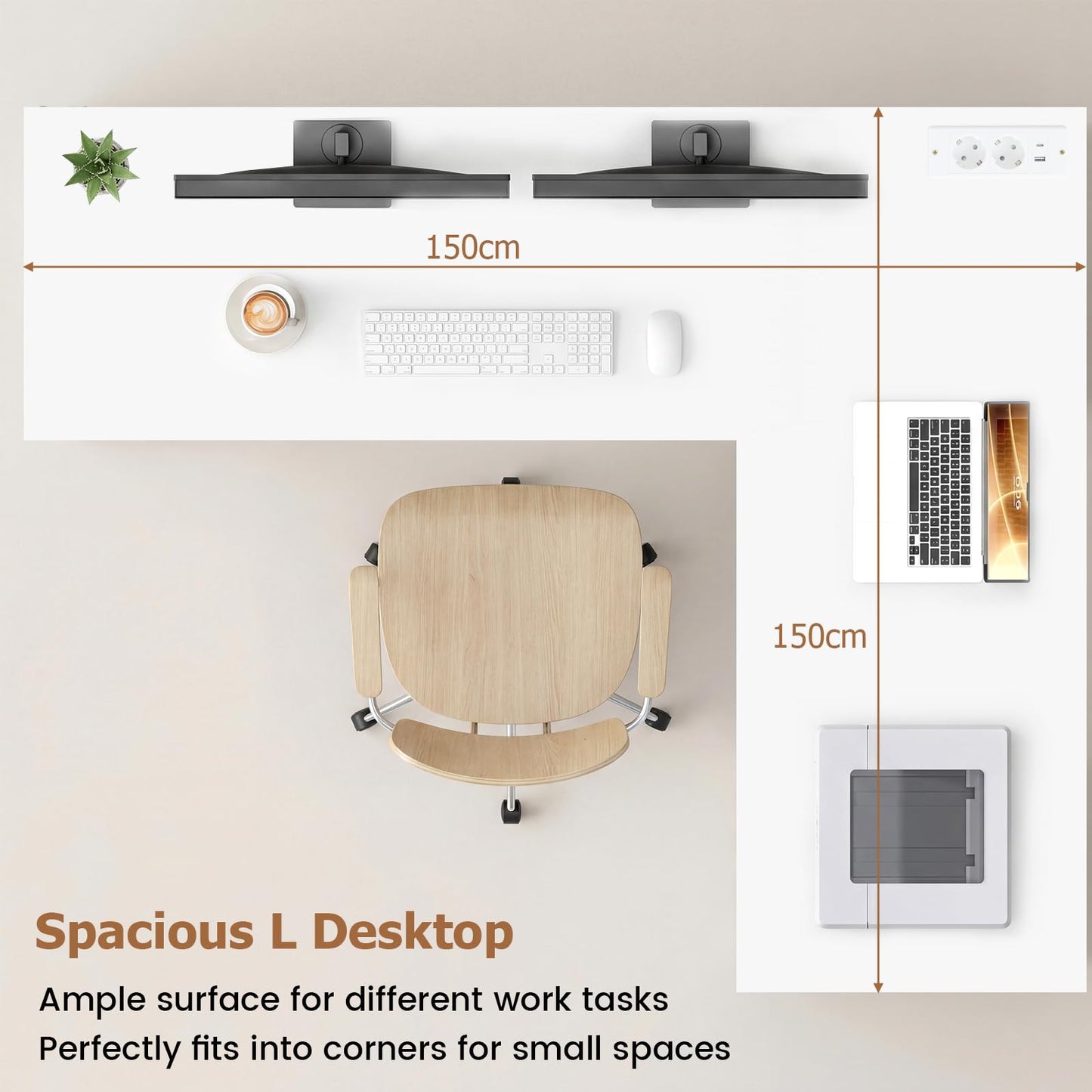 150 CM L Shaped Executive Desk with Charging Station