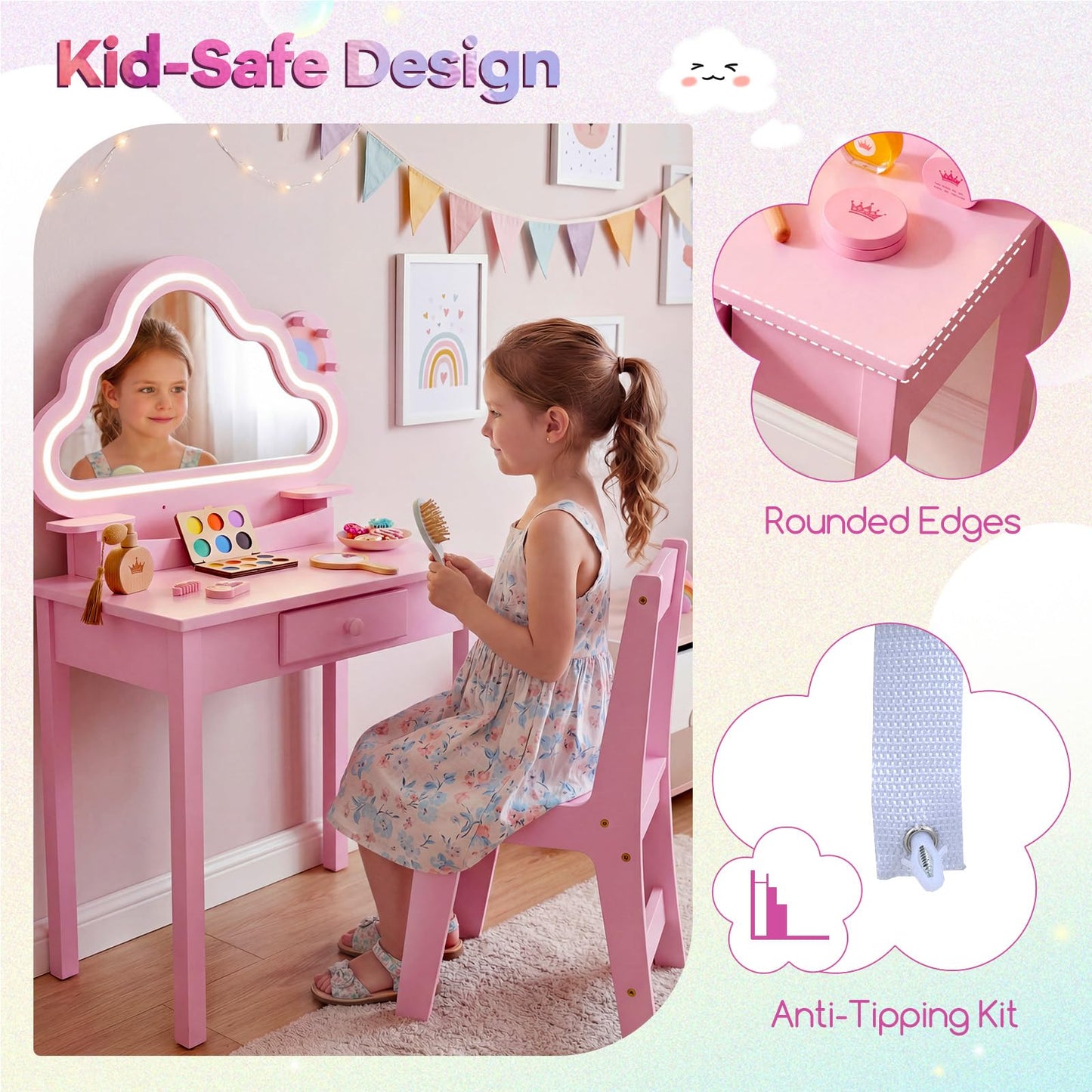 Kids Vanity Table and Chair Set, Children Dressing Table