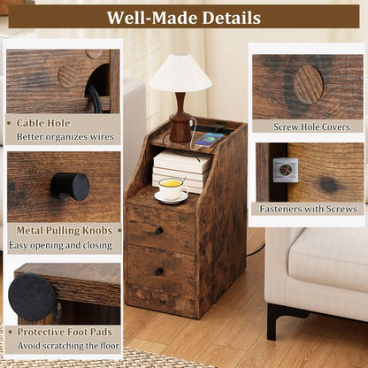 End Table with Charging Station & Storage Drawers for Small Space Living Room Bedroom