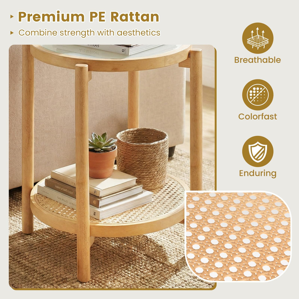 2-Tier Boho End Table with Tempered Glass Top for Living Room