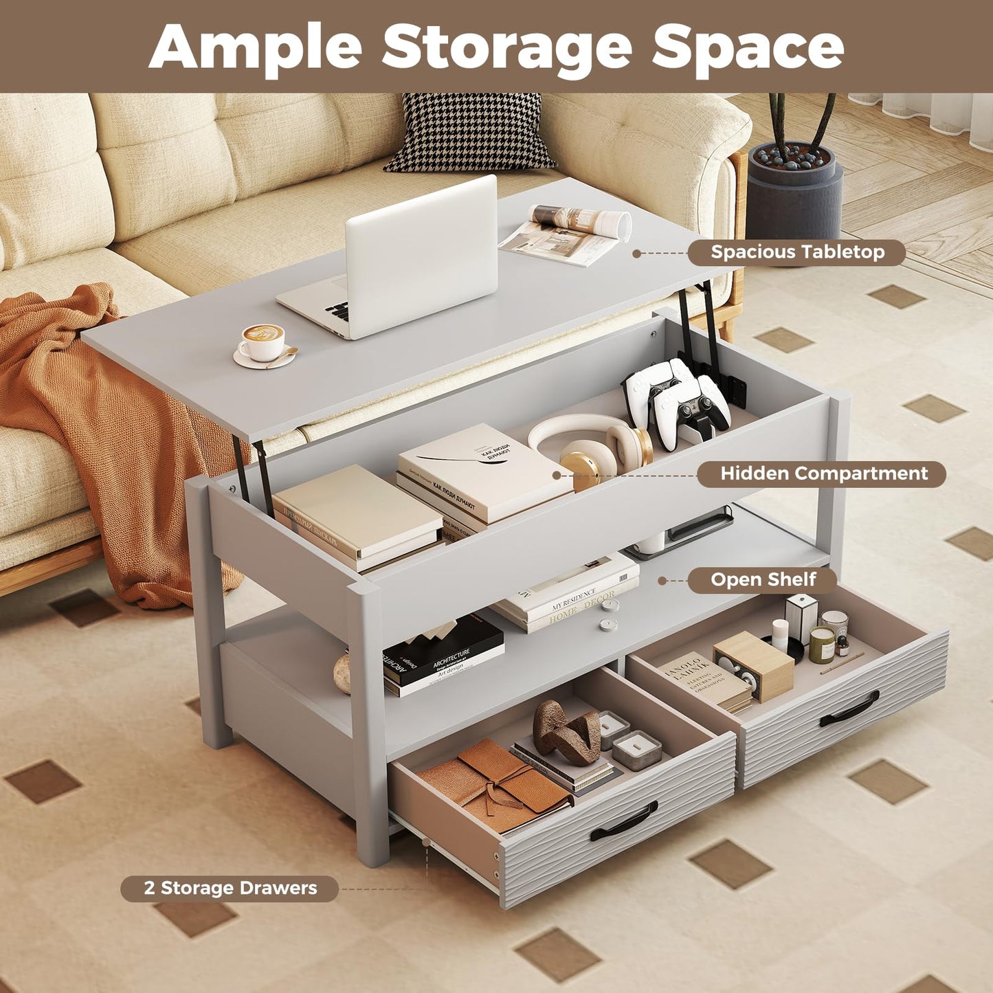 Lift Up Top Coffee Table, Wooden Lifting Cocktail Center Table with Hidden Storage Compartment