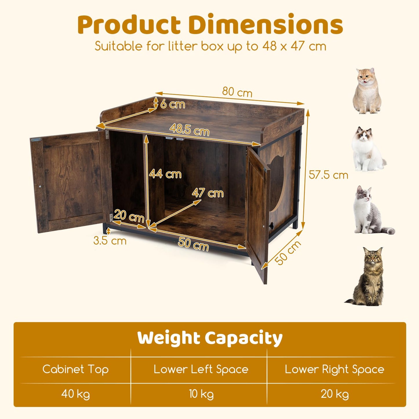 Cat Litter Box Enclosure with 2 Barn Doors Metal Legs and Side Entrance