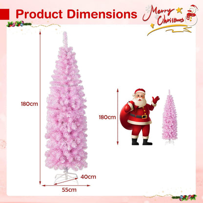 180 cm Pink Slim Xmas Tree with 475 Branch Tips and 250 Cold White LED Lights