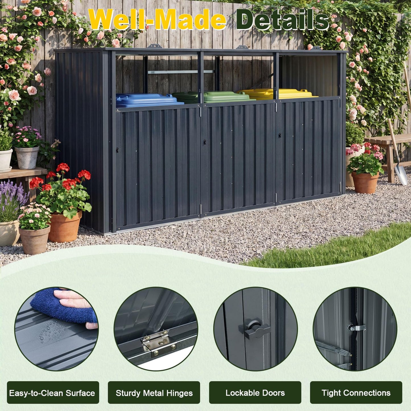 3-Bin Wheelie Bin Storage with Flip-Up Lids & Lockable Doors