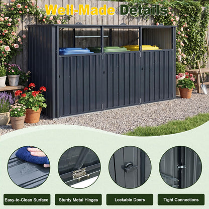 3-Bin Wheelie Bin Storage with Flip-Up Lids & Lockable Doors
