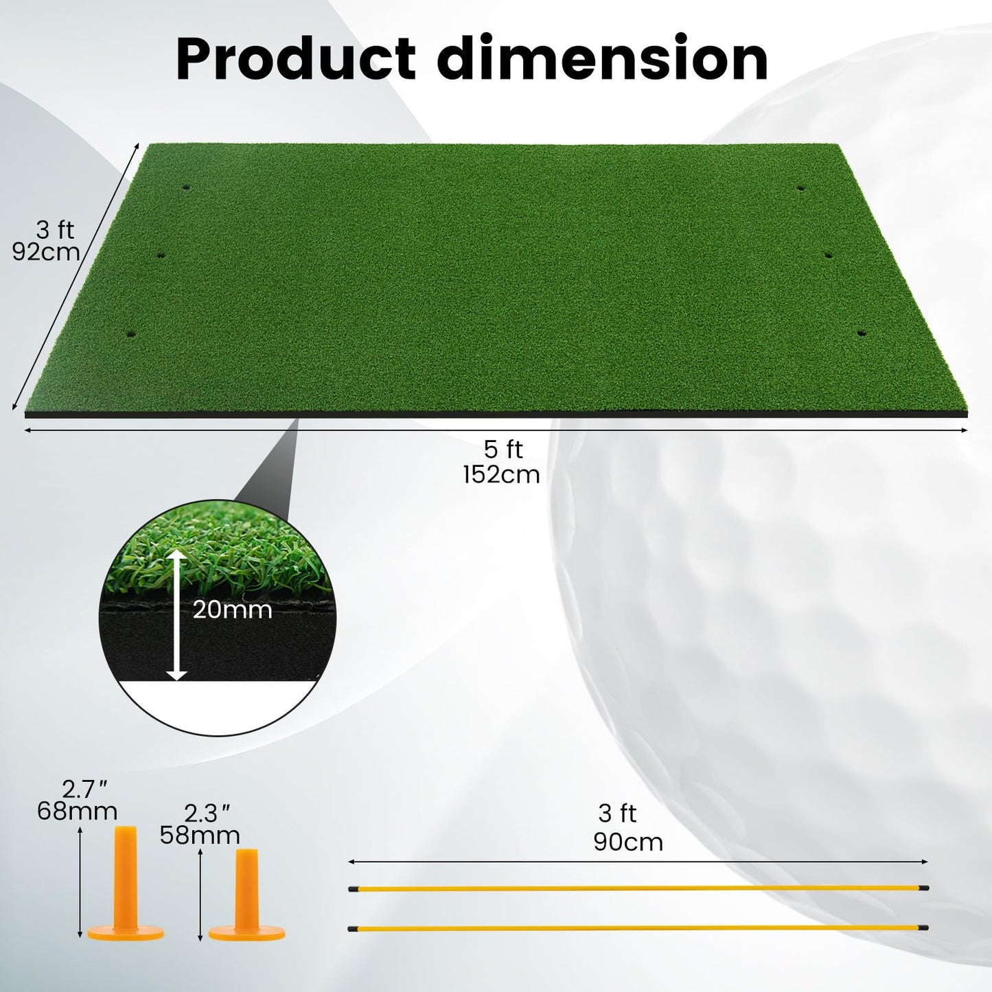 Golf Hitting Mat with 2 Rubber Tees and 2 Alignment Sticks