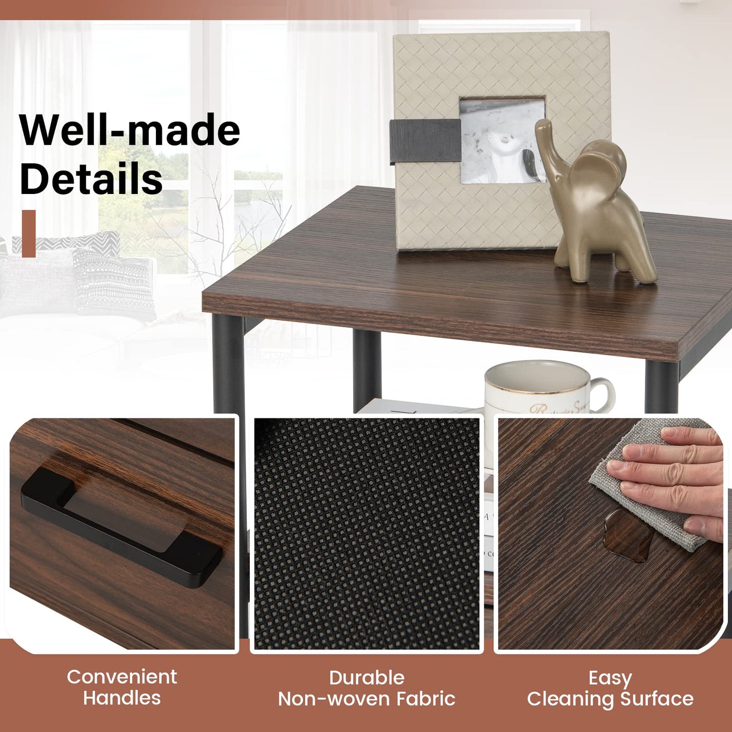 Metal Frame Bedside Table with Open Shelf and 2 Drawers