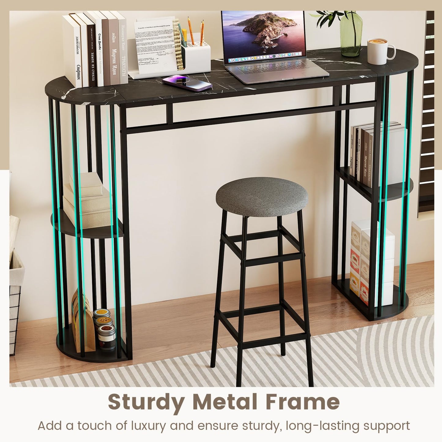 150cm Bar Table with Faux Marble Top & Side Shelves