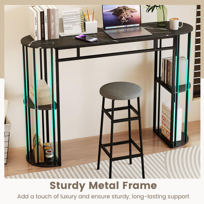 150cm Bar Table with Faux Marble Top & Side Shelves