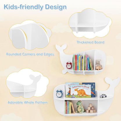 2 Pieces Whale Floating Shelves, Wall Mounted Kids Bookshelf