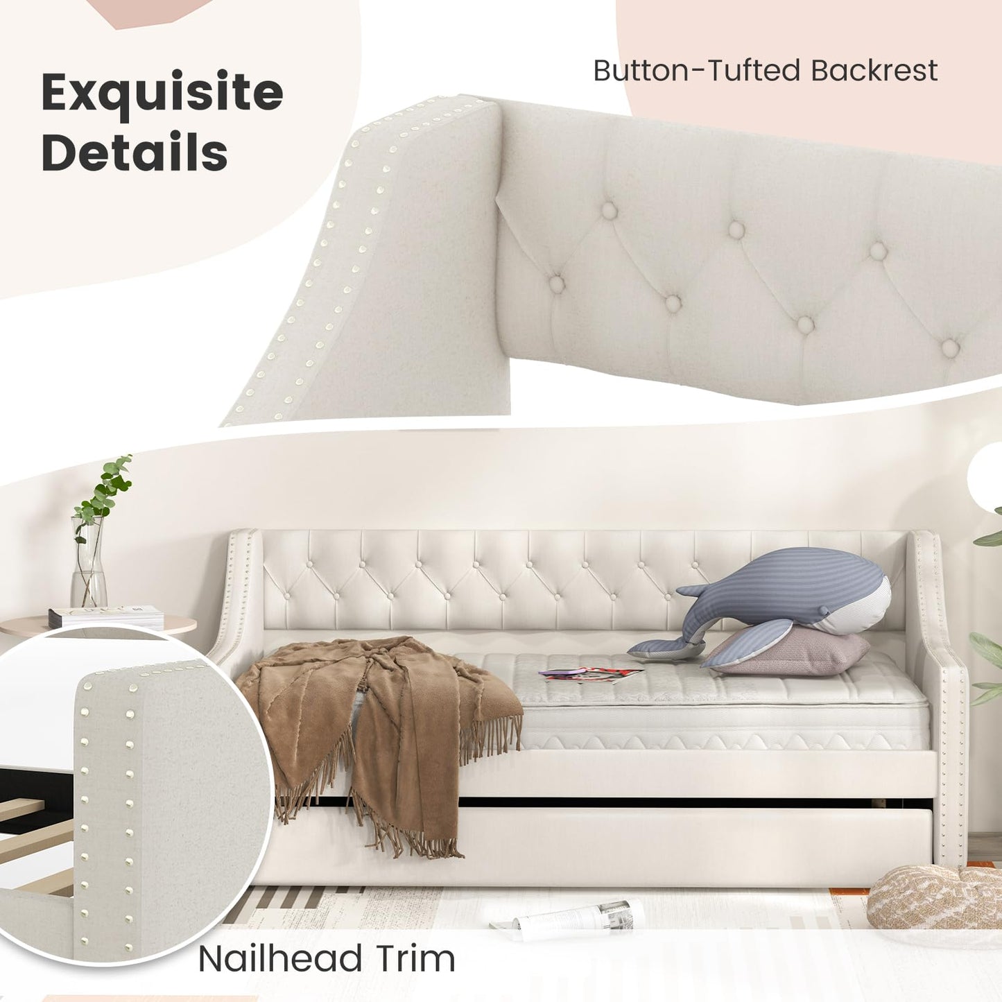 Single Size Trundle Bed Linen Upholstered Daybed with Backrest