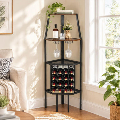 Corner Wine Rack with Glass Holder & Storage Shelves