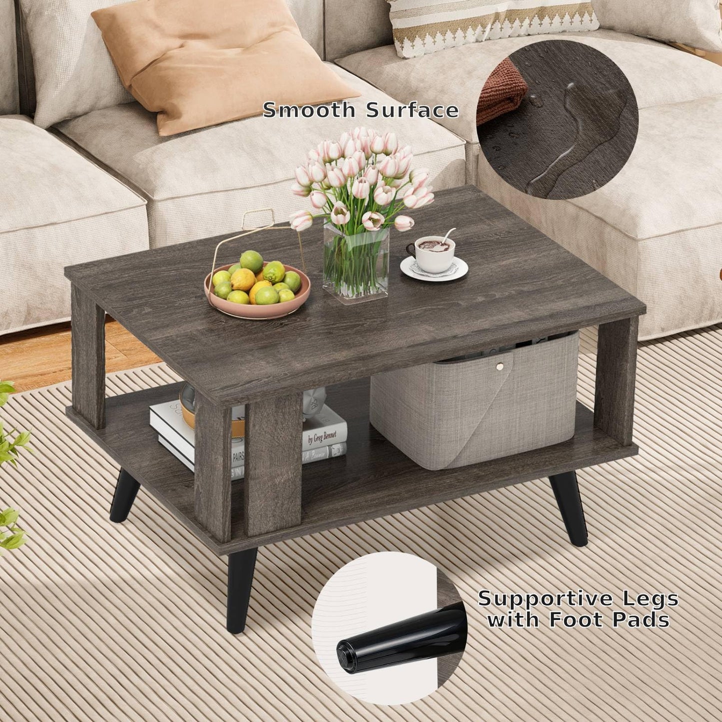 Wooden Industrial Coffee Table with Storage Shelf for Home Office