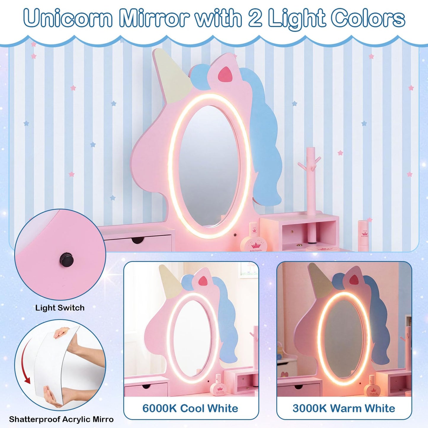 Kids Vanity Set with Lighted Unicorn Mirror & Stool and Jewelry Rack for Girls