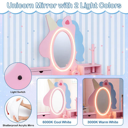 Kids Vanity Set with Lighted Unicorn Mirror & Stool and Jewelry Rack for Girls