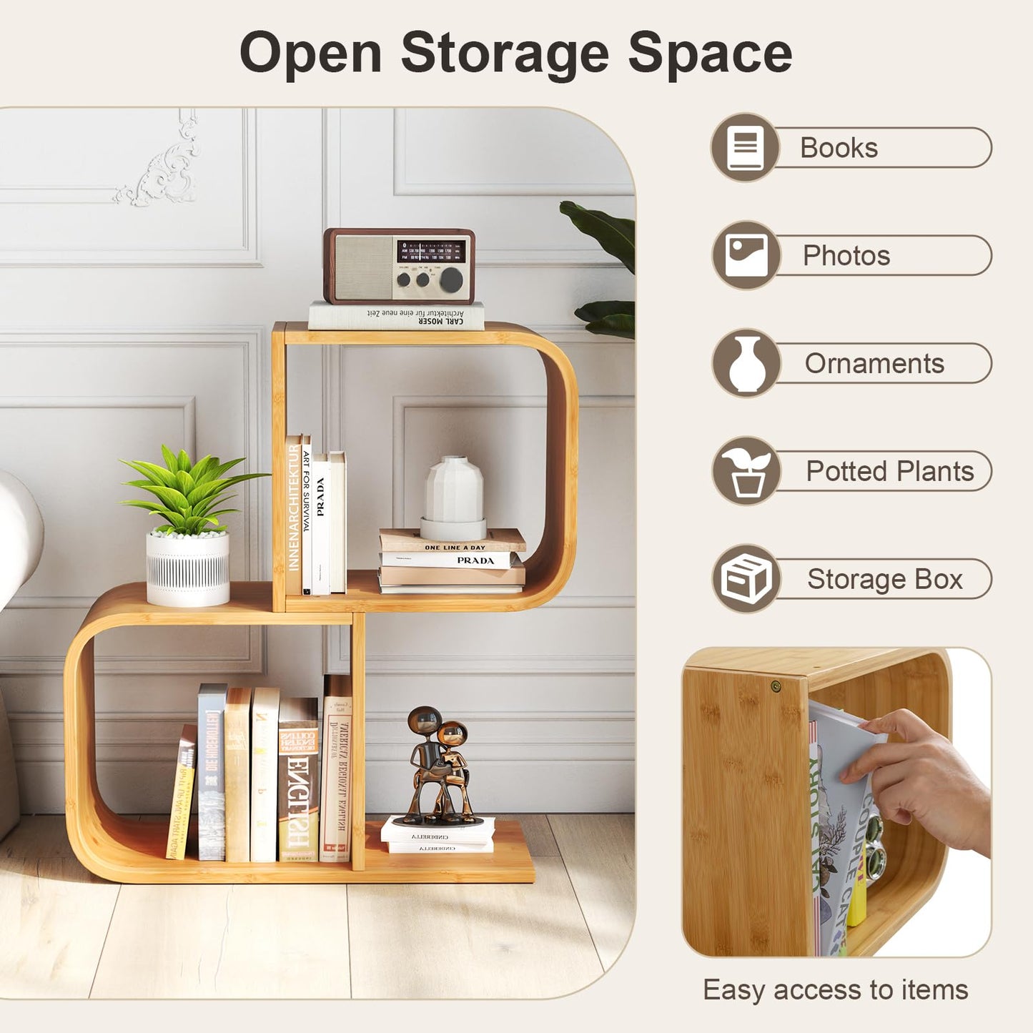 S Shaped Bookcase Bamboo Bookshelf Decorative Storage Organizer