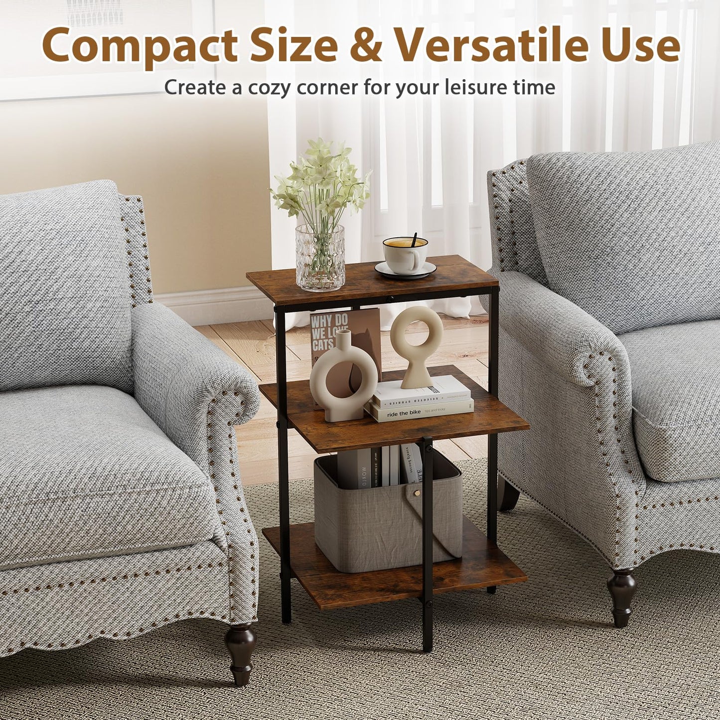 Sofa Side Table, 3-Tier Industrial Square Nightstand Bedside Table