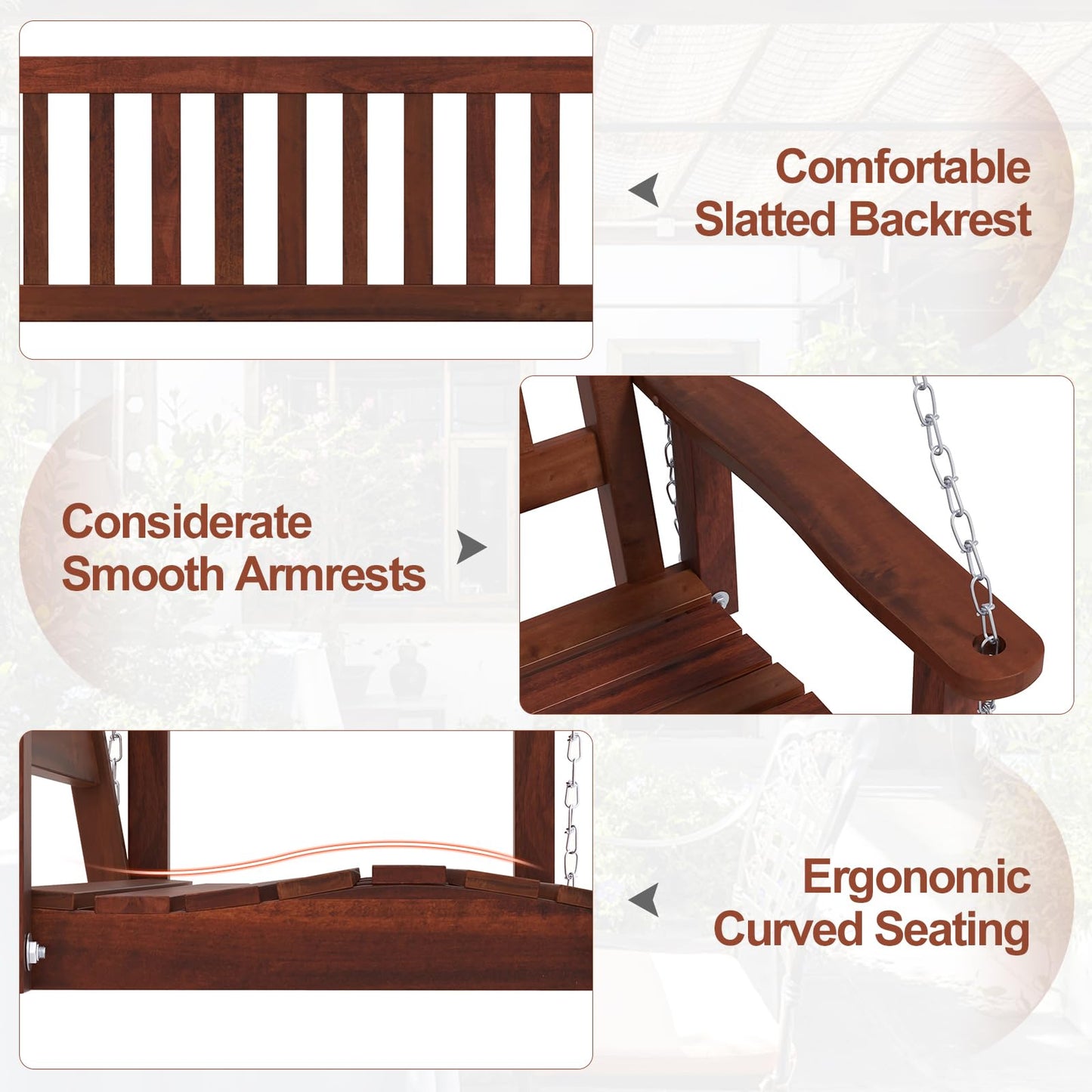 2/3 Person Wooden Outdoor Porch Swing with Adjustable Upper Chains
