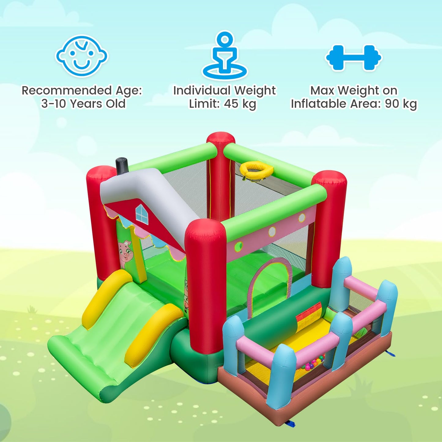 4-in-1 Farm Themed Inflatable Bounce House with 480W Blower