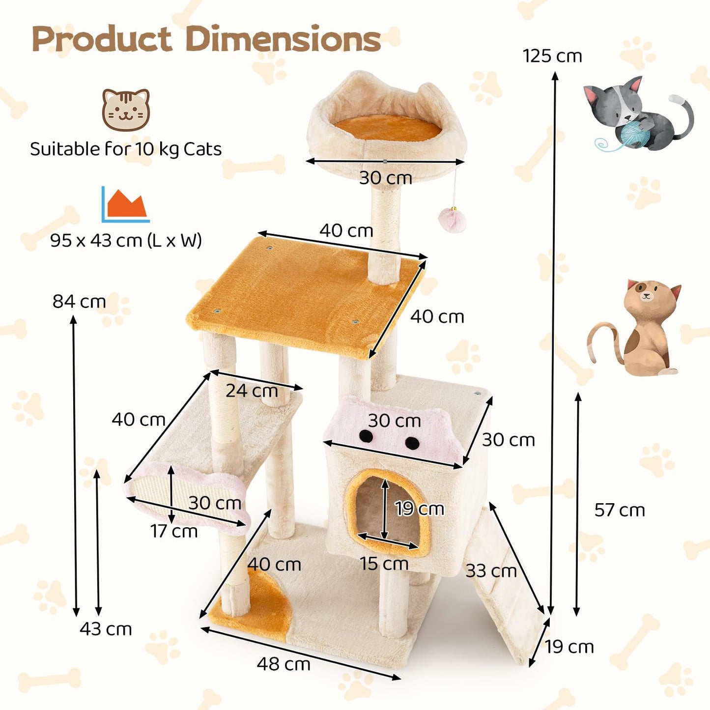 Cat Tree, 125cm Tall Modern Cats Tower with Plush Perch, Condo, Platforms