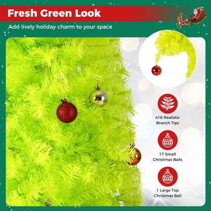 Pre-Lit Christmas Tree, Slim Artificial Xmas Tree with Curved Top Neon Chartreuse PVC Foliage, Warm White LEDs, 8 Light Modes, Pre-Decorated with Baubles, Metal Base for Indoor Use Visit the TANGZ