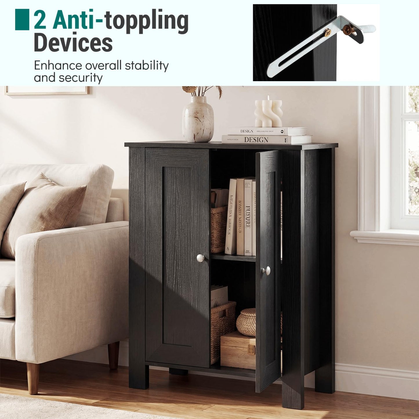 Bathroom Storage Cabinet, Freestanding Storage Cupboard with Double Doors