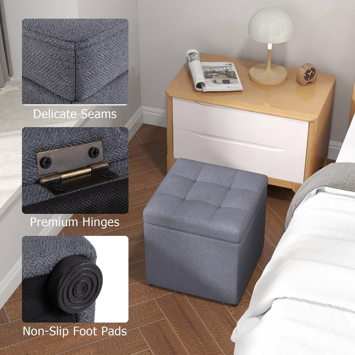 40 cm Square Storage Ottoman Linen Fabric Footstool with Lid