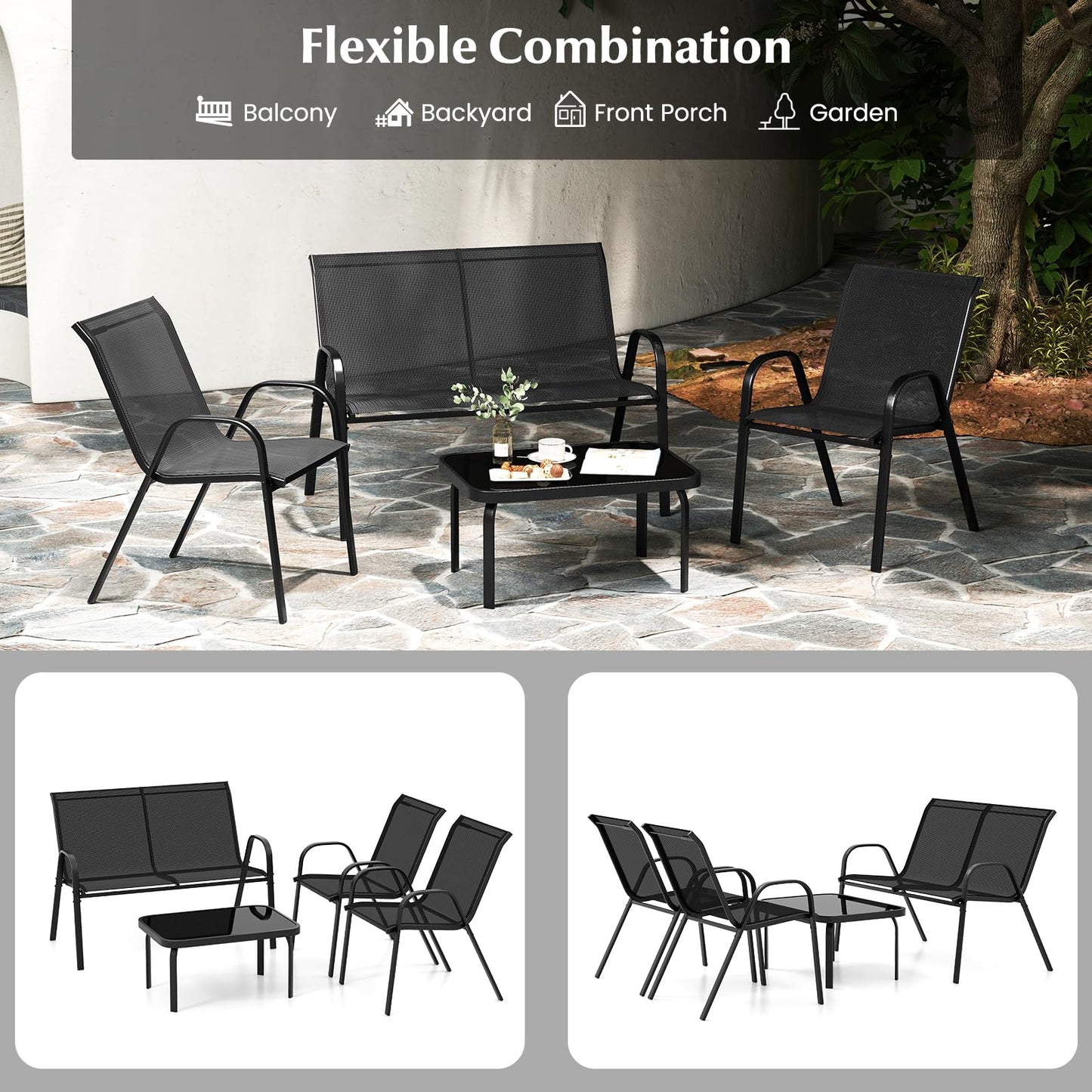 4-Piece Garden Furniture Set, Metal Frame Patio Conversation Set with Loveseat