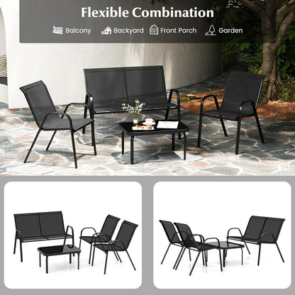 4-Piece Garden Furniture Set, Metal Frame Patio Conversation Set with Loveseat
