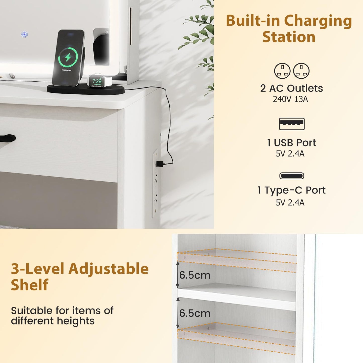 Makeup Table and Chair Set with 4 Drawers and Storage Shelves