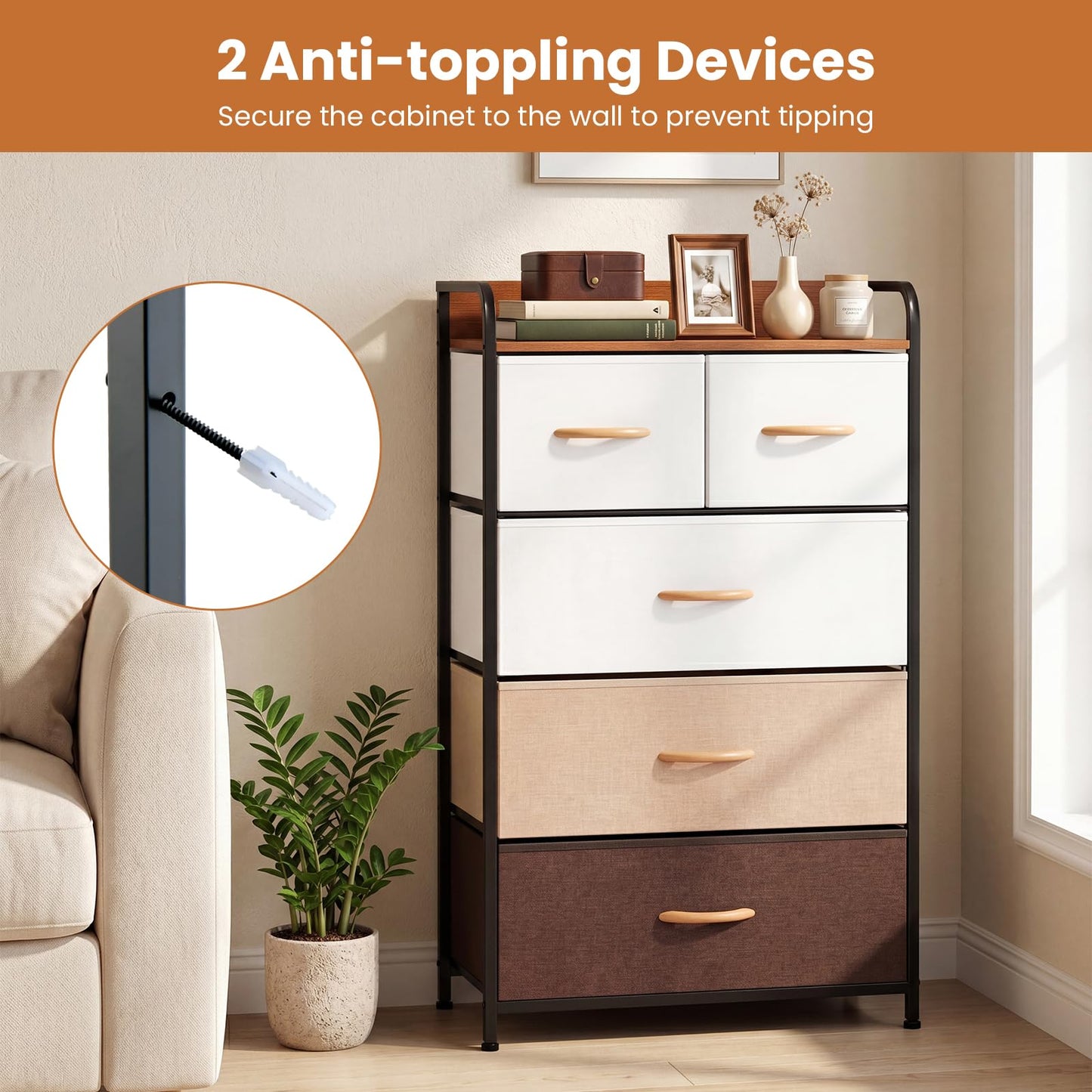 5-Drawer Tall Narrow Fabric Dresser with Removable Fabric Bins