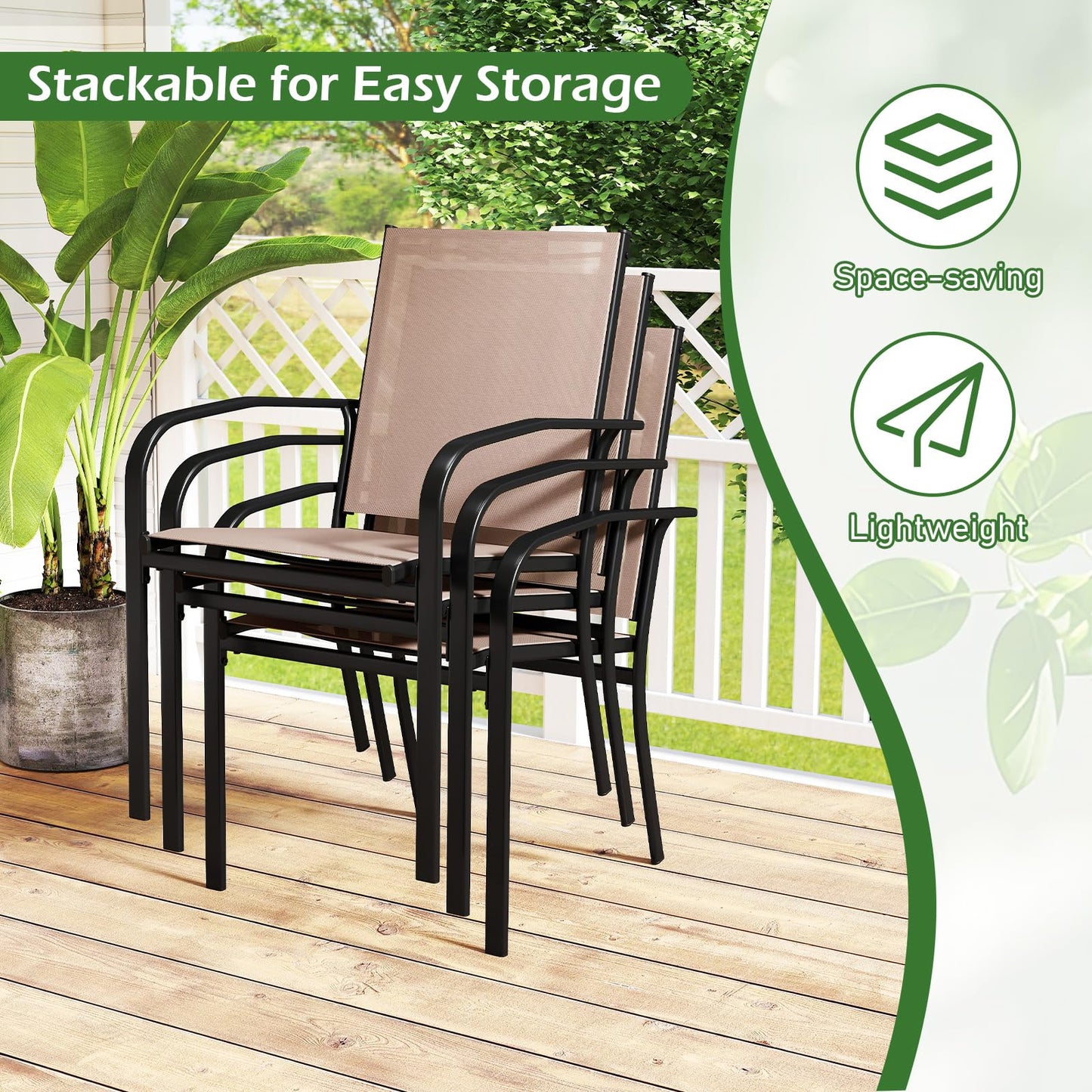 Giantex Garden Chairs Set of 2 Stackable Outdoor Dining Chairs with Breathable Backrest & Seat