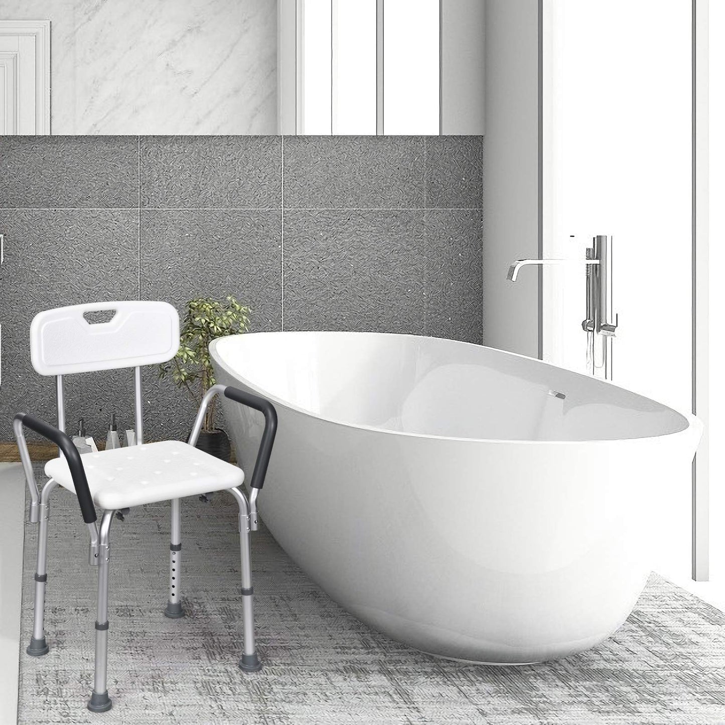 6 Levels Adjustable Tub Shower Stools with Detachable Backrest and Handrails