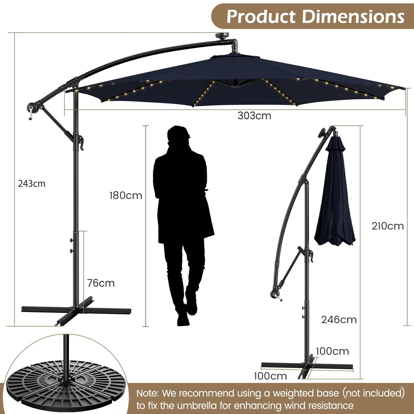 303 CM Solar-Powered Patio Offset Umbrella with 112 LED Lights